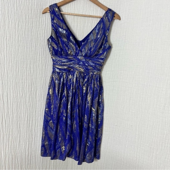 Trina Turk Metallic Silk Fit & Flare Cocktail Dress Blue Purple Size 0 - Picture 3 of 7